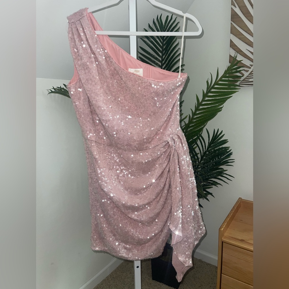 Shoshanna Pink Sequin One-Shoulder Mini Dress